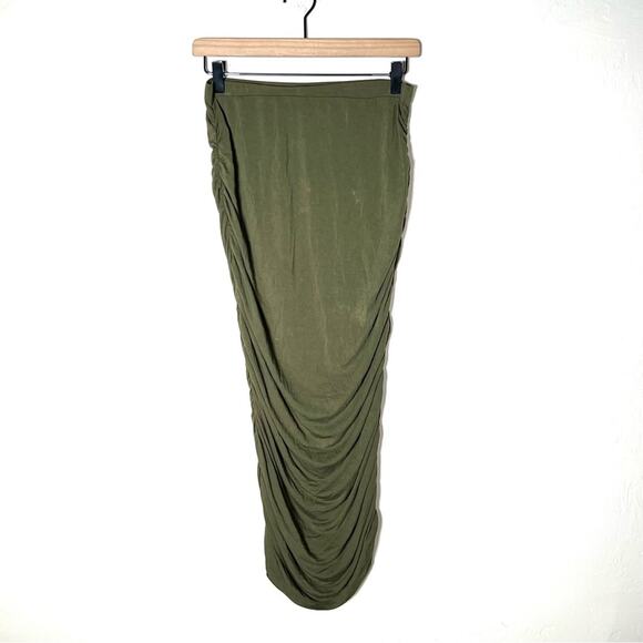Johnny army green elastic waist midi skirt with side ruching size large L B182 - Picture 1 of 4